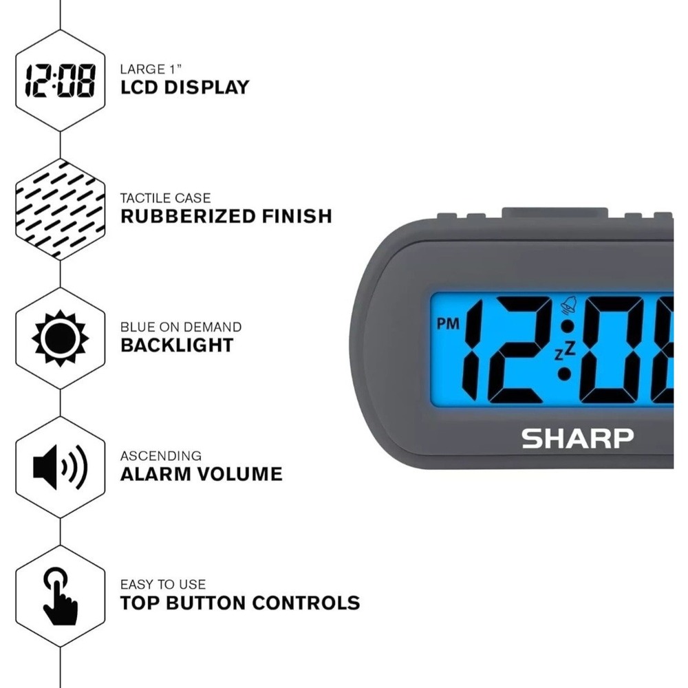 Sharp Digital Alarm Clock With Blue LED Backlight Rubberized‎ Case Battery Power - Picture 7 of 7